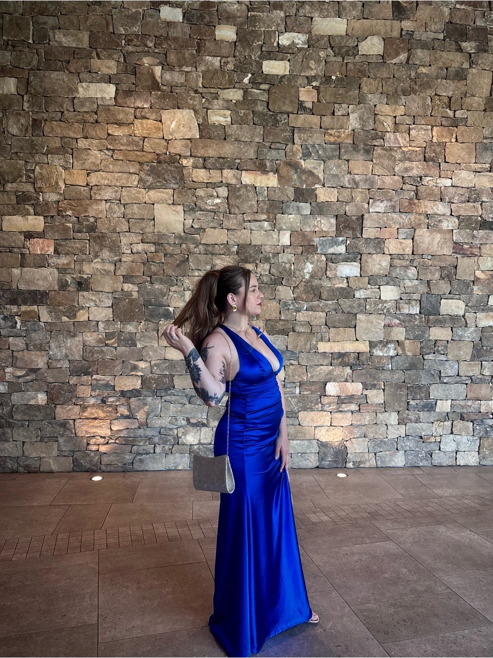 Windsor Royal Blue Satin V-Neck Prom Dress